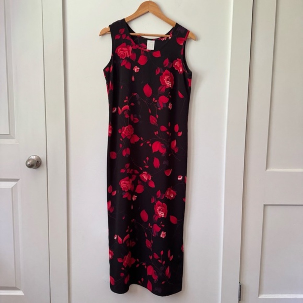 Vintage 90s Whimsigoth‎ Floral Black Maxi Dress Size 10 Romantic Goth Red Black